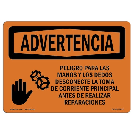 OSHA WARNING Sign, Finger, Hand Hazard Spanish, 24in X 18in Decal